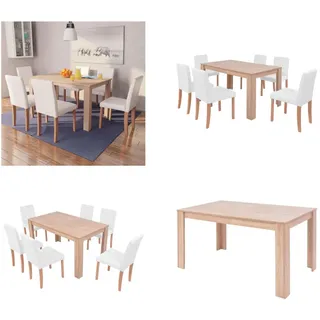 vidaXL Esszimmertisch und Stühle 7 tlg. Kunstleder Eiche Cremeweiß - Esszimmer-Set - Esszimmer-Sets - Ess-Möbel-Set - Ess-Möbel-Sets