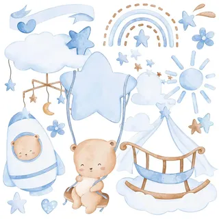 Muralo Wandsticker Teddybären blaue Wolken Sterne Regenbogen 60x30 , Braun, Blau, Beige , Papier , Tiere, Märchen/ Fantasie , Rechteckig , 60x30x1 cm , Tapeten & Wandverkleidungen, Wandtattoos & Sticker, Wandtattoos