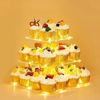 Ulifeme 3 Etagen Cupcake Ständer, Gelb LED Lichterkette de Tortenständer Acryl für Hochzeit, Party, Geburtstag, Baby Duschen & Kuchen Dessert, Torten Etagere 3-stöckig, Quadrat Cupcake Stand