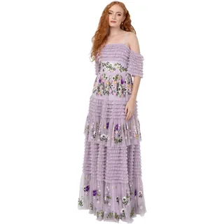 Maya Deluxe Women's Ladies Maxi Dress Off-the-Shoulder Bardot Spaghetti Strap Floral Embroidered Tiered Ruffle Tulle Wedding Guest Lilas 34