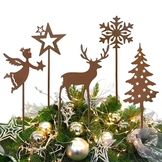 5 Stück Gartenstecker Weihnachten, Rost Deko Weihnachten enthalten Hirsch Deko, Weihnachtskerzen, Wetterfest Tolle Gartendeko aus Rost-Metall für Garten, Balkon, Terrasse, Gartendeko für draußen