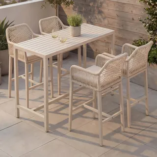 Set Bartisch + 4x Barhocker HWC-P91, Barstuhl Stehtisch, Outdoor Sitzpolster Seilgeflecht Metall creme - Beige