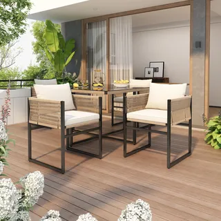 Flieks Gartenmöbel-Sets 5-tlg, Terassenmöbel Lounge Set 4 Personen, Balkonmöbelset mit Gartenstuhl und Tisch, Sitzgruppe Essgruppe aus Seil, Beige - Beige