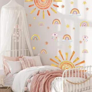 WandSticker4U®- Wandtattoo REGENBOGEN SONNE Boho Kinderzimmer Orange/Gelb XXL (120x75 cm) I Wandsticker Sonne Boho Regenbogen Babyzimmer Wanddeko Retro I Wandaufkleber Kinderzimmer Deko Mädchen Junge