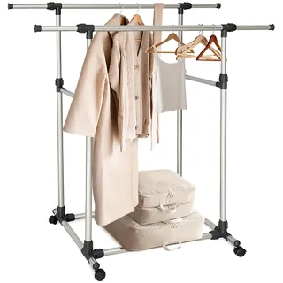 Relaxdays Kleiderständer rollbar, Doppelkleiderstange Ablage, verstellbar Höhe 90-160cm, Breite 93-157cm, Silber/schwarz
