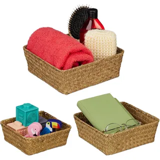 Relaxdays Aufbewahrungskorb 3tlg. Seegras-Aufbewahrungskorb Set 22 x 26 x 11 cm Braun/Bronze
