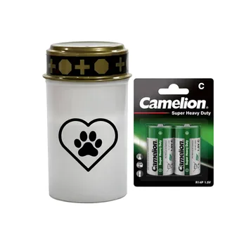 Fachhandel Plus LED Grablicht Hund mit Batterien – Grabkerze LED, wetterfeste Grableuchte Ewiges Licht mit Hundemotiv, warm flackerndes Gedenklicht für Tiergrab & Gedenkstätte (Weiß, Herzpfote)