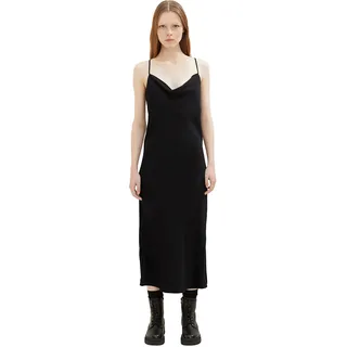 TOM TAILOR Denim Damen Satin Midi Trägerkleid mit Wasserfall-Ausschnitt 1034287, 14482 - Deep Black, S