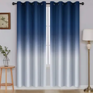 SimpleHome Ombré-Verdunkelungsvorhänge, Farbverlauf Blau zu Grau-Weiß, lichtblockierend, dick, wärmeisolierend, Ösen, für Schlaf- und Wohnzimmer, 2 Bahnen, ca. 130 cm x 180 cm Länge