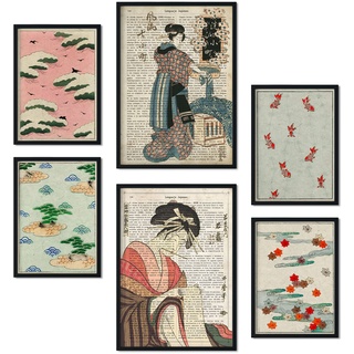 Nacnic-Set von 6 Poster von Japan. Sammlung von Platten mit ästhetischer Collage für Innendekoration. Größen A3 und A4. Rahmenlos