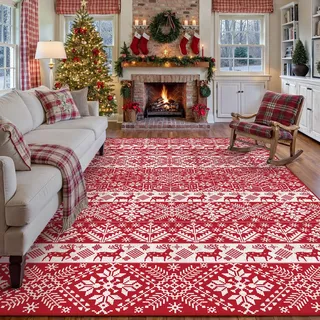 PureCozy groß Wohnzimmer Teppich Weihnachtsteppich, 200x300 cm Schneeflocke Elch Waschbar rutschfest Weihnachtsdeko Carpet für Schlafzimmer KüChe Esszimmer BüRo, XXL Innen Roter Weicher Kurzflor Rug