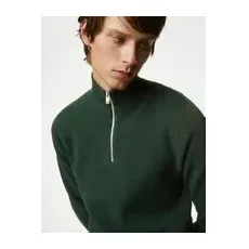 Mens M&S Collection Pullover aus Baumwollmischung mit halbem Reißverschluss und Strukturmuster - Green, Green, XXL
