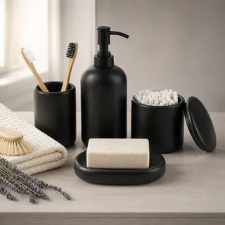 Ava Nord Moderne Badezimmer Accessoires aus Keramik | 4er Set | Schwarz | Seifenspender + Zahnbürstenhalter + Seifenschale + Becher, ästhetisches skandinavisches Design, Wohnaccessoire, kratzfest