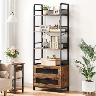 GarveeHome Bücherregal Mit 2 Netzschubladen, Stabiles Bücherregal Im Industrial-Stil Mit 4 Offenen Regalböden, 180 cm Hohes Ausstellungsregal Mit Kippschutz Für Wohnzimmer, Schlafzimmer, Büro