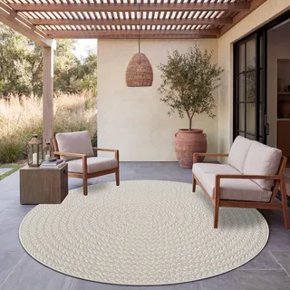 Paco Home Outdoor Teppich Wetterfest Balkon Wohnzimmer Boho Geometrisch Sisal Einfarbig 160 cm rund - Creme