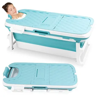 Ikodm Faltbare Badewanne Erwachsene - XL 132x60x50cm, Klappbare mobile Badewanne mit Abdeckung, Massagerollen & Korb, Klappbadewanne für Badezimmer, Dusche und Balkon (Blau)