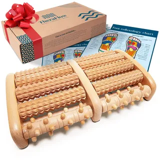 TheraFlow Fußmassageroller Holz - Plantarfasziitis Fußmassagegerät für Akupressur- & Reflexzonenmassage, Fersensporn Massagegerät, Geschenke für Frauen & Geschenke für Männer (inkl. Reflexzonenkarte)