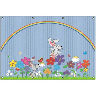 Wallario Outdoor-Poster für Garten oder Balkon, Motiv Süße Hasen unter einem Regenbogen, in ca. 100 x 150 cm - Blau