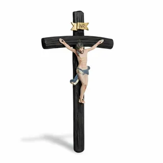 Kaltner Präsente Wandkreuz 15 cm – Echtholz Fichte schwarz gebeizt mit handbemalter Christus Figur aus Resin – Kruzifix Holz, Religiöse Wanddekoration, Geschenkidee Kommunion Taufe Weihnachten