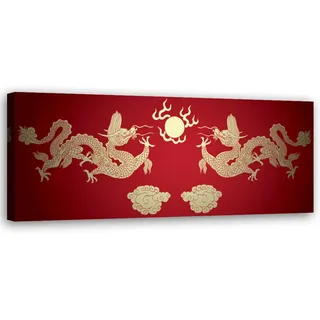 Feeby Wandbild orientalischer drache , Rot , Textil , Orientalisch , Rechteckig , 90x30 cm , Bilder & Rahmen, Bilder, Leinwandbilder