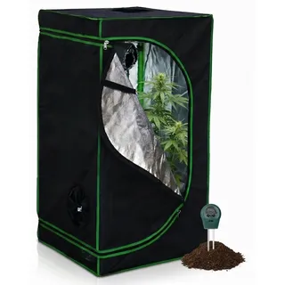 Mucola Gewächshaus inkl. 3 in 1 Feuchtigkeitsmessgerät für Pflanzen Pflanzenzelt Growbox Indoor Pflanzenzelt Zuchtzelt Zuchtschrank Darkroom Frühbeet Schwarz Grün - 60x60x120cm - Schwarz