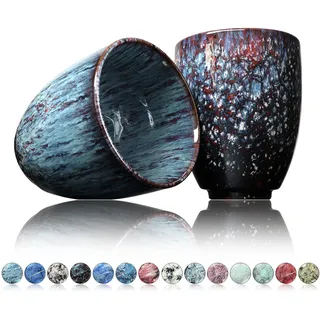 Ganzoo Kaffee Becher Keramik, Design Kaffee -Tasse ohne Henkel 200ml, Tee -Tasse 2er Set, coffee mug, tea cup, Tasse mit modernem Muster, bunte Unikate lemourian