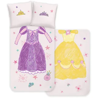 Disney Home Princess Bettwäsche-Set für Kinder - Prinzessin Belle und Rapunzel - wendbar, mit Hotelverschluss, 100% Renforce Baumwolle - 2-teilig - Deckenbezug 140 x 200 cm, Kissenbezug 65 x 65 cm