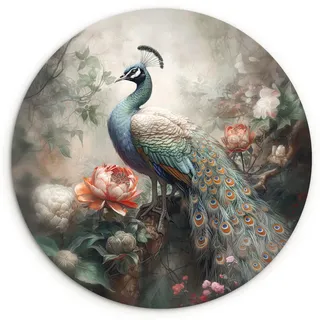 MuchoWow Wandbild Pfau - Pfauenfedern - Vogel - Dschungel - Blumen Wanddeko Schlafzimmer 60x60 cm , Smaragdgrün , Kunststoff , Rund , 60x60 cm , einfache und schnelle Anbringung , Bilder & Rahmen, Bilder, Sonstige Wandbilder