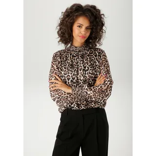 Chiffonbluse ANISTON CASUAL, Damen, Gr. 46, sand, schwarz, braun, beige, goldfarben, Chiffon, Obermaterial: 97% Polyester, 3% metallisierte Fasern. Futter: 95% Viskose, 5% Elasthan, Glitzerstreifen, figurumspielend hüftbedeckend, Smokbündchen mit Gummizug, Blusen Chiffonbluse, im Leo-Druck mit goldfarbenen Glitzerstreifen