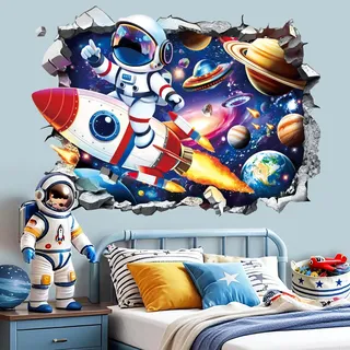 decalmile Wandsticker 3D Astronaut Rakete Weltraum Wandtattoo Universum Sonnensystem Planeten Wandaufkleber Teenager Jugendzimmer Schlafzimmer Spielzimmer Wanddeko