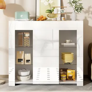 Merax Sideboard mit Hochglanz-Front und Glasregalen, Modernes schwarzes Buffet, Kompakte Aufbewahrung 95×35×83 cm für Wohnzimmer, Esszimmer, Weiß - Weiß