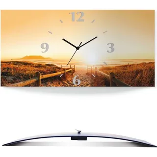 ARTland Wanduhr, gebogen Quarzuhr - schwarzer Zeiger Sonnenuntergang Panorama Strand Größe: 60x30 cm - Ocker