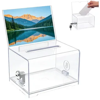 Acrylspendenbox, Spendenbox Abschließbar, Wahlurne Transparent mit Schlüssel Schloss, Verdicktes Acryl, Spardose Transparent, mit Aufkleber, für Abstimmungen, Gewinnspiele, Wettbewerbe