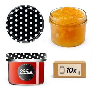 KADAX 10er Set Marmeladengläser 235 ml mit Schraubdeckel in Schwarz gepunktet Ø 82 mm - Einmachgläser für Marmelade, Chutneys, Eingelegtes Gemüse, Pasteten, Wurst, Fleisch, Babynahrung & mehr