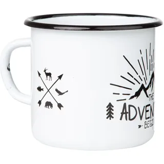 MUGSY I Emaille Tasse mit Spruch The Adventure Begins, 330 ml, Camping Tasse, Camping Ausrüstung, Retro Design I Weiß