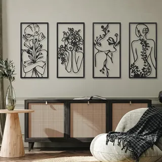 4 Stück Metall Minimalistische abstrakte Frau Wandkunst Linie Zeichnung Wandkunst Dekor 43,2 cm minimalistische einreihige Kunst weibliche Heimhängende Wandkunst Dekor für Schlafzimmer Küche Bad