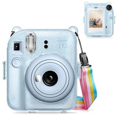 Fintie Hülle für Fujifilm Instax Mini 12 Sofortbildkamera - Transparent Hart Schutzhülle mit Film Tasche und Abnehmbaren Regenbogen Riemen, Schimmernd Blau