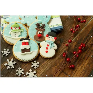 Wallario Outdoor-Poster für Garten oder Balkon, Motiv Weihnachten in der Küche - Plätzchen auf einem Holztisch, in ca. 120 x 180 cm - Schwarz