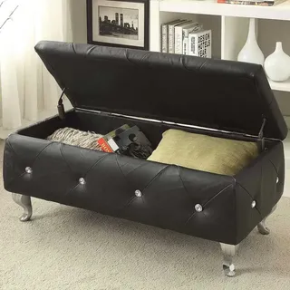 BAKAJI Aufbewahrungsbox Pouf Fußstütze, Schlafzimmer, Bank, Hocker, Gestell aus Holz, Kunstleder, gesteppt, mit Kristallen, Beine aus Metall, modernes Design (Schwarz)