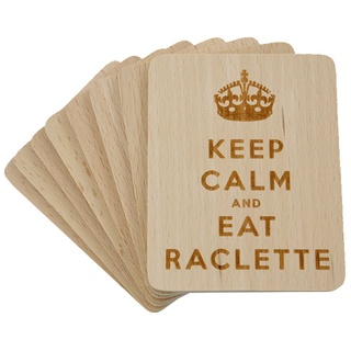 8 Stück Raclette Untersetzer mit Lasergravur "Keep Calm and Eat Raclette" aus Buchenholz, 100x80x7mm