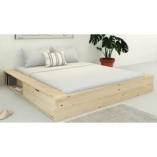 otto home Massivholzbett Erno, OTTOs Choice, TOPSELLER, Stauraumbett Futonbett, 275KG belastbar (Breite/ Belastbarkeit: 120cm/275 KG, 180cm/275 KG), mit Lattenrost, FSC® zertifiziert, viel Stauraum + Ablagen beige 223,5 cm x 204 cm x 30,5 cm