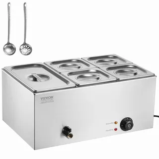 Vevor kommerzieller Speisenwärmer Speisebehälter 1x 5.3L+4 x 2.2L Edelstahl Buffetwärmer, elektrische Warmhalteplatte, 1200 W Edelstahl Buffetbehälter, Buffet-Bain-Marie, 30–85 °C Temperaturregelung