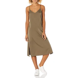 The Drop Damen Ana Midi-Kleid, V-Ausschnitt, seidiger Slip-Dress-Stil, Grün, S