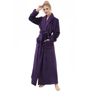 Hellomamma Bademantel Damen Lang Flauschig: Warm Plüsch Morgenmantel aus Mikrofaser Fleece für Frauen für Herbst & Winter Lila S-M