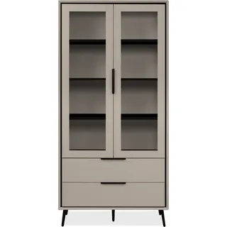 CALICOSY - Hohes Sideboard mit 2 Glastüren, 2 Schubladen und 6 Einlegeböden innen, 90 cm – ARONA - Beige