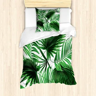 ABAKUHAUS Palmblatt Mantele, Vivid Blätter Wachstum, Milbensicher Allergiker geeignet mit Kissenbezügen, 135 cm x 200 cm - 80 x 80 cm, Farn-Grün Weiß - Weiß