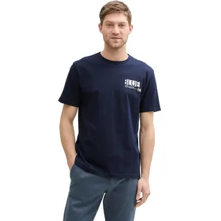 TOM TAILOR Herren T-Shirt mit Streifen-Print & Logo, 10668 - Sky Captain Blue, XXL