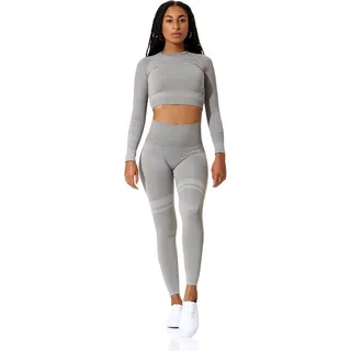 STARK SOUL Fitness Set - Crop-Top Longsleeve und Sport Leggings High Waist | Farbe: Grau-Melange, Größe: S