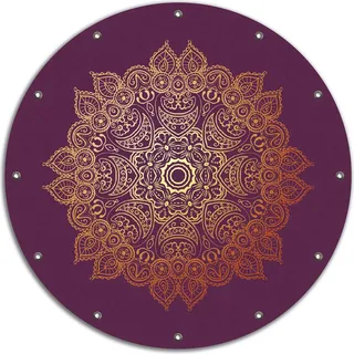 Wallario rundes Outdoor-Poster für Garten oder Balkon, Motiv goldenes Mandala auf violettem Hintergrund, 90 cm Durchmesser
