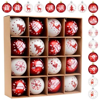 16 Stück Weihnachtskugeln Kunststoff, Christbaumkugeln Weihnachtsdeko, Weihnachtsbaum Kugeln mit Schlüsselband, Rot Weiß Weihnachtsdeko, Weihnachtsdeko Außen Innen (B)